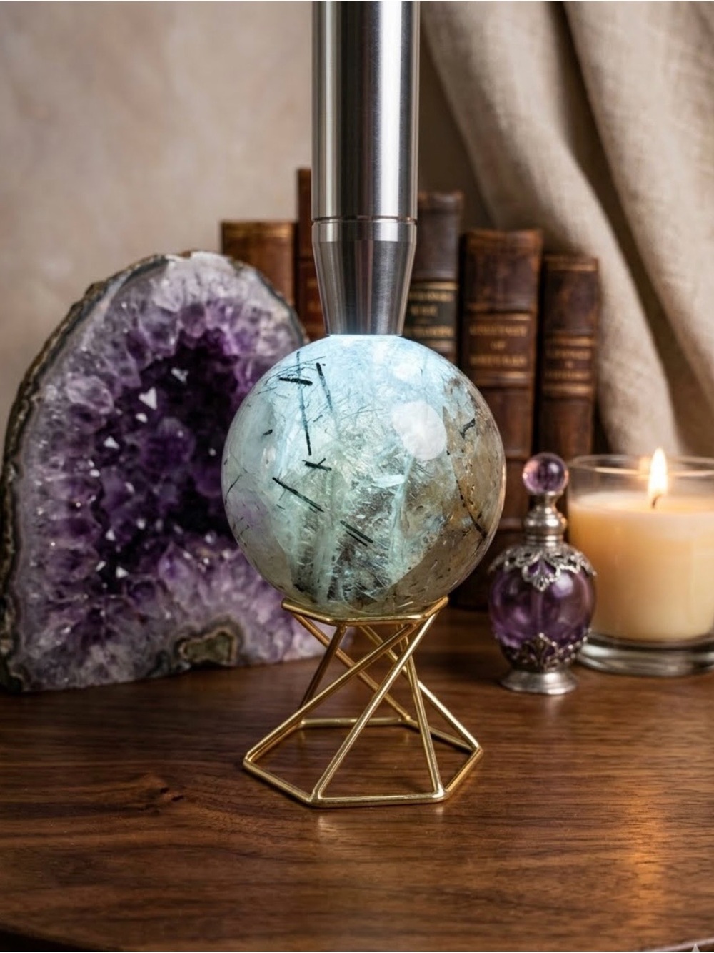 Smokey quartz with Black rutile sphere